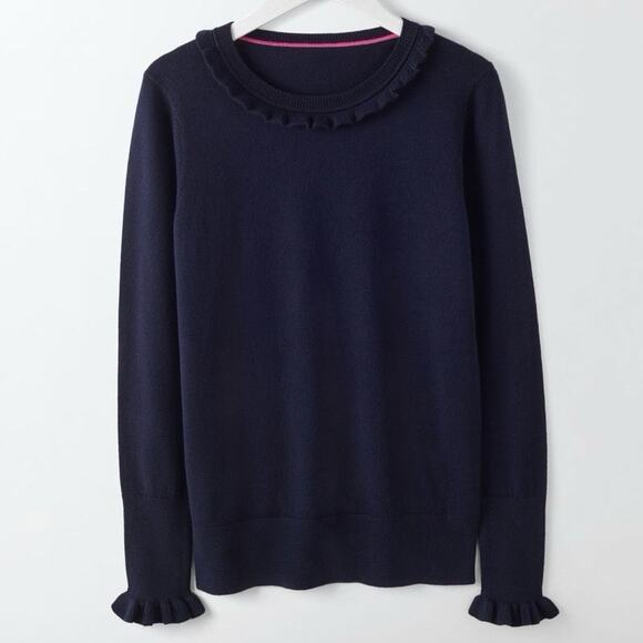 Boden Bernadette Ruffle Trim Wool Blend Sweater Womens Size 4 Navy Blue - Picture 1 of 6